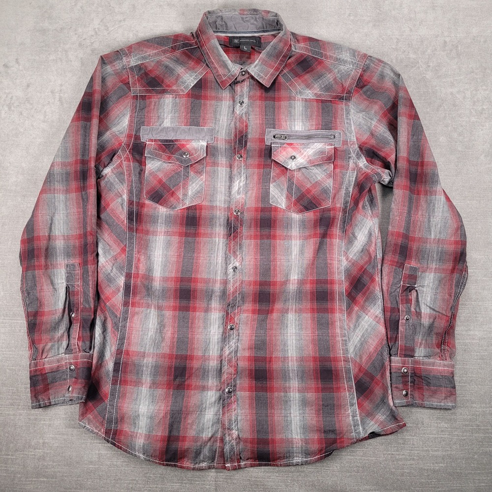 INC Plaid Western Shirt‎ Long Sleeve Snap Button Pockets Red Gray L